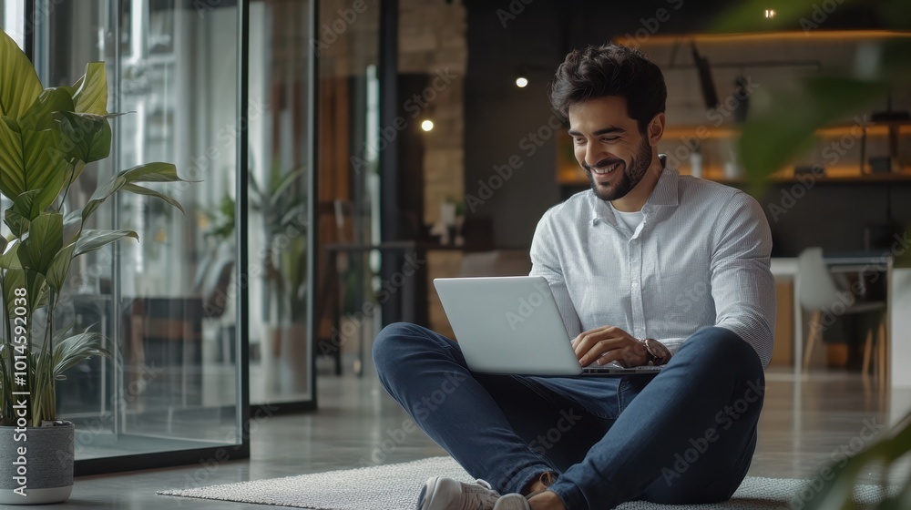 The Man Using Laptop Joyfully The Man Using Laptop Joyfully