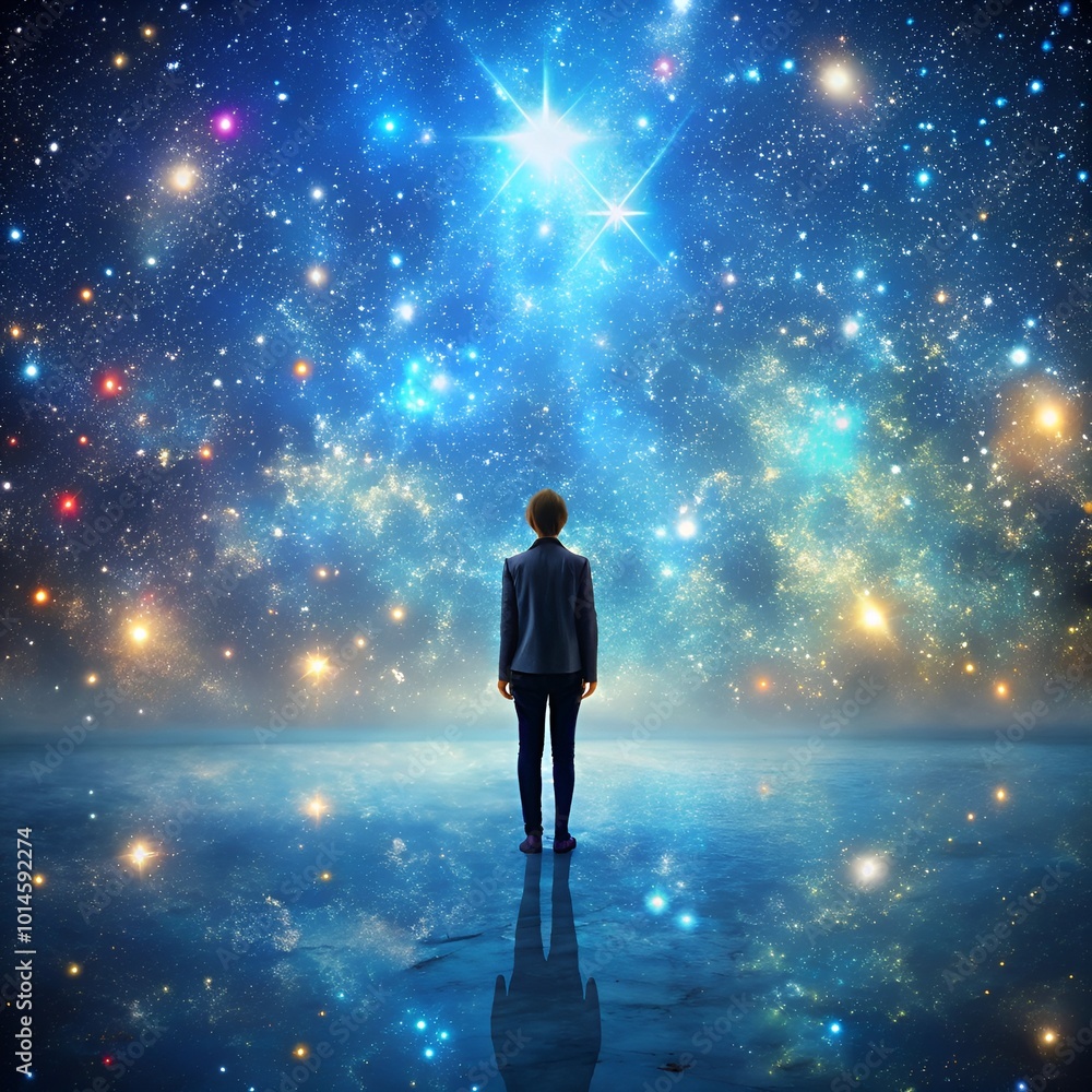 A solitary man stands beneath a vast, starry sky, immersed in the beauty of the cosmos and the serenity of the night. A solitary man stands beneath a vast, starry sky, immersed in the beauty of the cosmos and the serenity of the night.