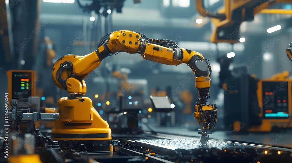 A robotic arm in an industrial factory is operating on the production line, creating a high-tech and futuristic atmosphere. A robotic arm in an industrial factory is operating on the production line, creating a high-tech and futuristic atmosphere.