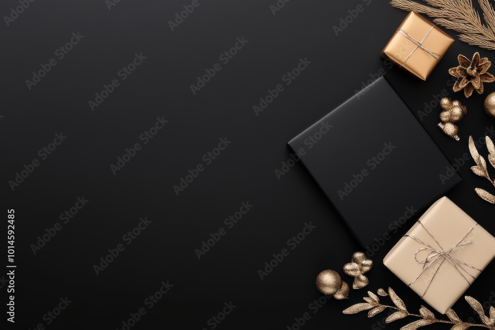 Elegant black and gold gift boxes with decorative accents. Elegant black and gold gift boxes with decorative accents.