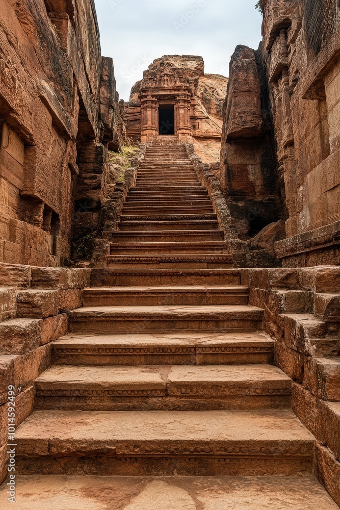 Stone Stairway. Historical Staircase Leading up to the Entrance of Ancient Badami Cave Temples Stone Stairway. Historical Staircase Leading up to the Entrance of Ancient Badami Cave Temples