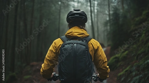 A cyclist in a yellow jacket rides through a misty forest trail.