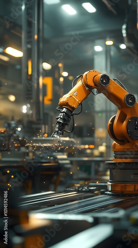 A robotic arm in an industrial factory is operating on the production line, creating a high-tech and futuristic atmosphere.