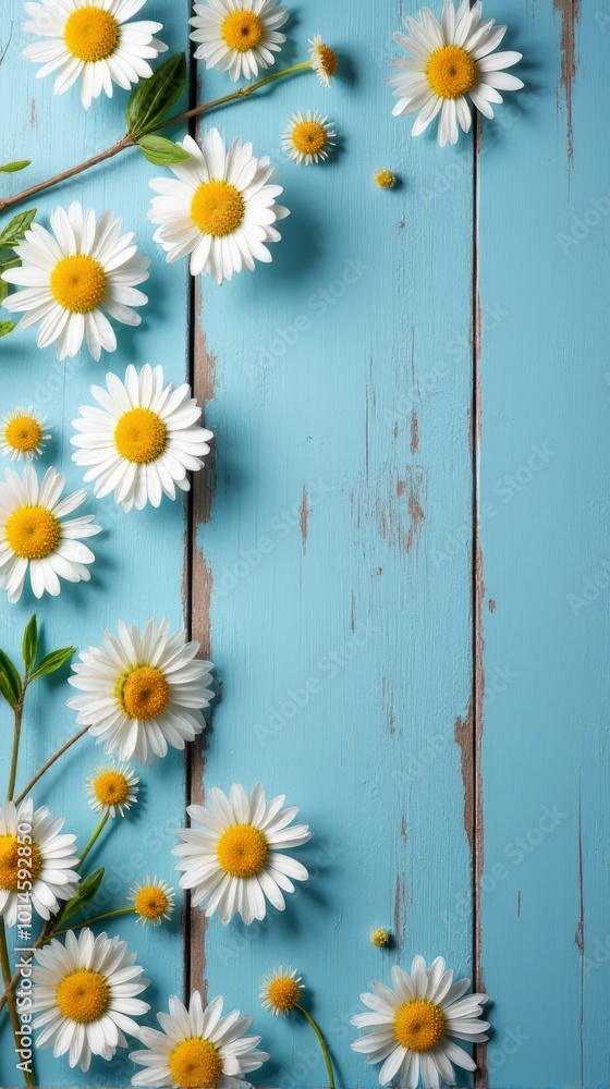 Fototapeta premium Collection of White and Yellow Daisies With Various Sizes Scattered Across a Rustic Blue Wooden Background