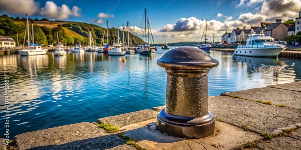 This quayside bollard frames beautiful water views with boats, perfect for maritime and coastal photography, making it This quayside bollard frames beautiful water views with boats, perfect for maritime and coastal photography, making it