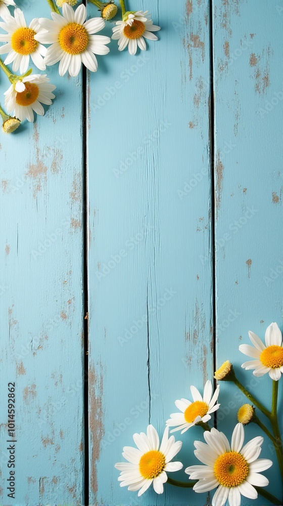 Fototapeta premium Collection of White and Yellow Daisies With Various Sizes Scattered Across a Rustic Blue Wooden Background