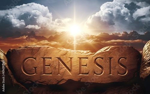 An epic cinematic presentation of the Bible with the name Genesis carved into ancient stone, illuminated by a radiant sunrise breaking through the clouds