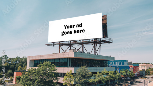 An empty huge poster mockup on the roof of a mall, white template placeholder of an advertising billboard on the rooftop of a modern building framed by trees photo