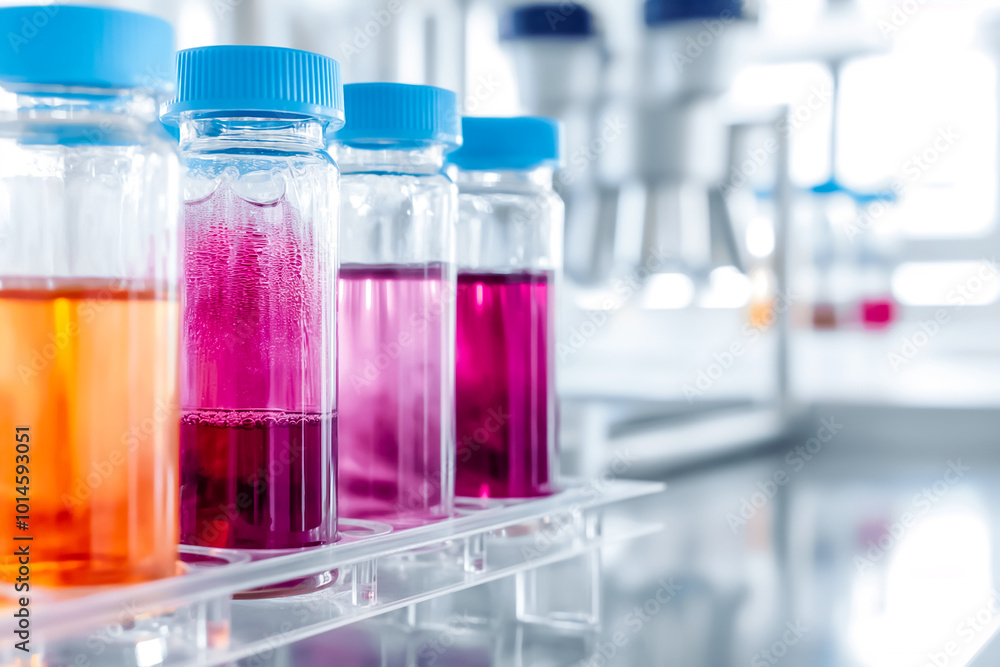 Brightly colored vials filled with different chemical solutions sit neatly arranged in a laboratory, showcasing a range of hues as researchers conduct experiments Brightly colored vials filled with different chemical solutions sit neatly arranged in a laboratory, showcasing a range of hues as researchers conduct experiments