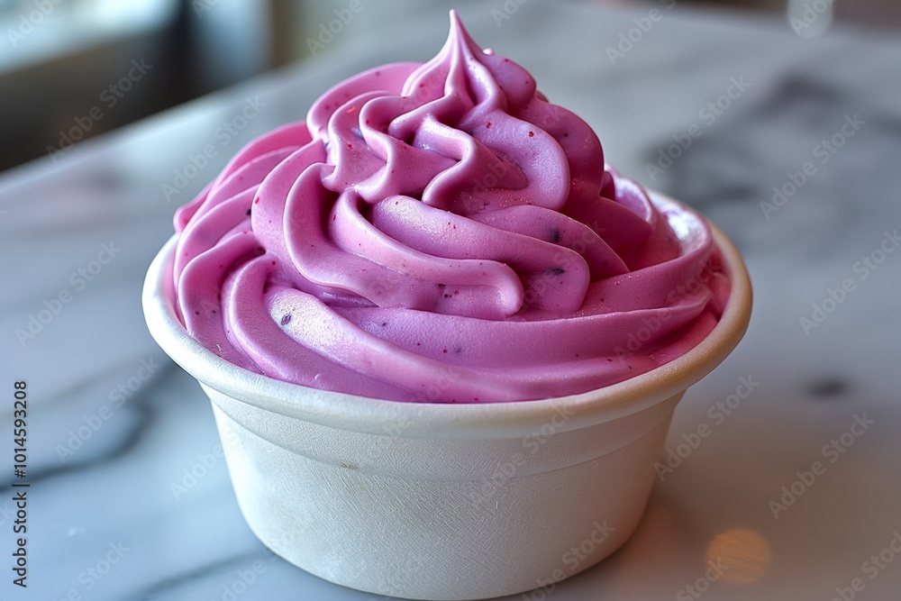 A close-up shot of creamy pink frozen yogurt with swirled soft peaks in a white cup, set against a marble surface, evoking a delicious and refreshing dessert vibe A close-up shot of creamy pink frozen yogurt with swirled soft peaks in a white cup, set against a marble surface, evoking a delicious and refreshing dessert vibe