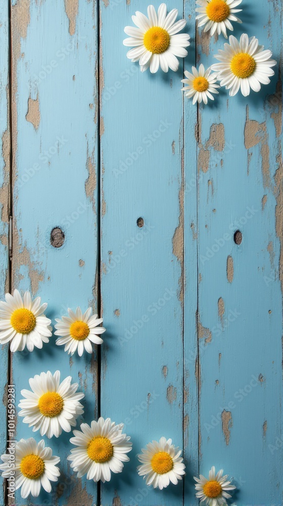 Obraz premium Collection of White and Yellow Daisies With Various Sizes Scattered Across a Rustic Blue Wooden Background