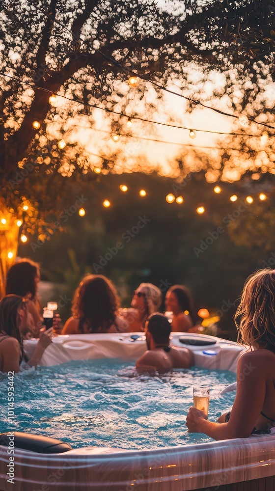 Obraz premium A relaxing evening in a hot tub surrounded by friends, illuminated by warm string lights at sunset, perfect for leisure and bonding.
