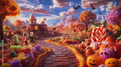 A vibrant 3D landscape made entirely of candy