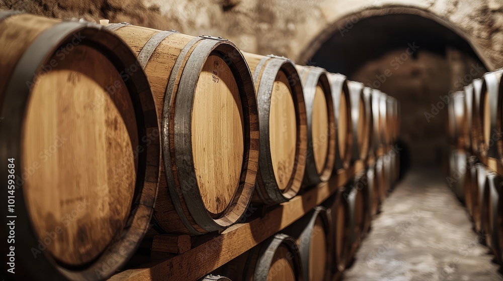 A rustic wine cellar with rows of wooden barrels, showcasing the art of aging fine wine in a historical setting. A rustic wine cellar with rows of wooden barrels, showcasing the art of aging fine wine in a historical setting.