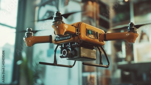 A drone equipped with a camera, hovering indoors, showcasing its design and technology.