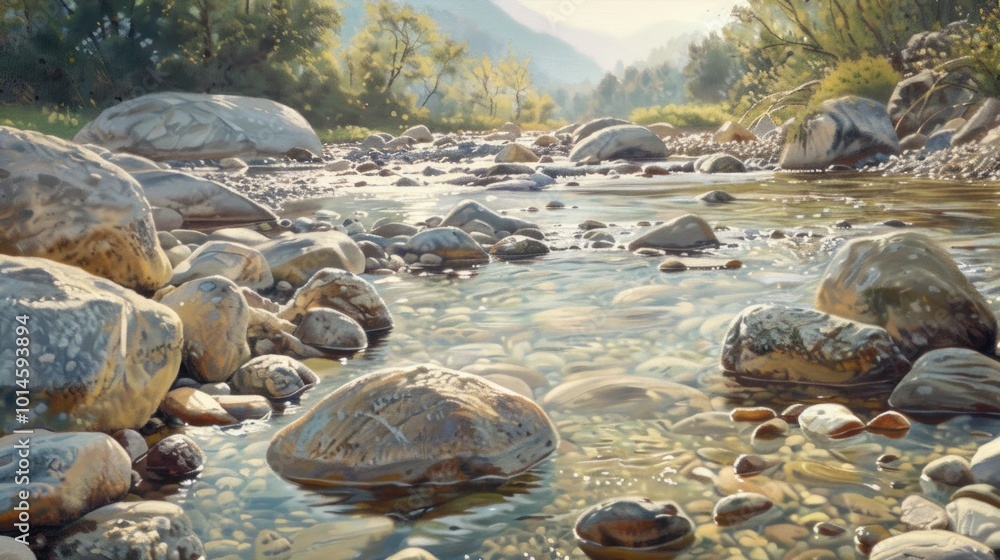Fototapeta premium A Clear Mountain Stream Flowing Through Smooth River Rocks