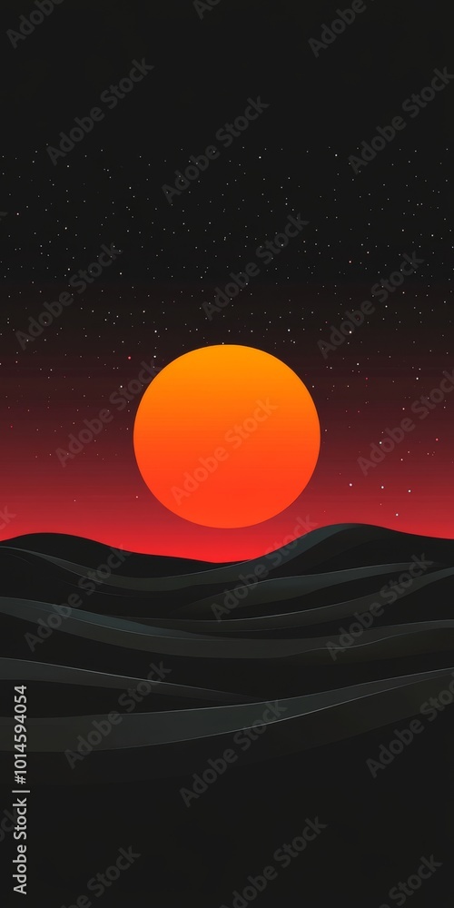 A black and orange sunset with a large sun in the sky. The sun is surrounded by a dark sky with stars