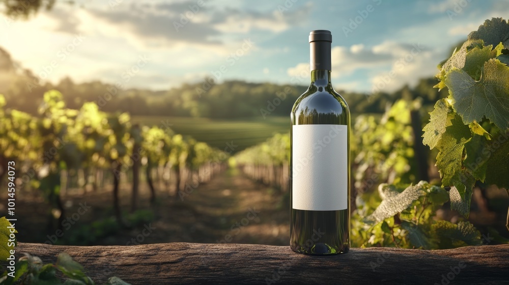 Fototapeta premium Wine Bottle on Wooden Log with Vineyard Background.