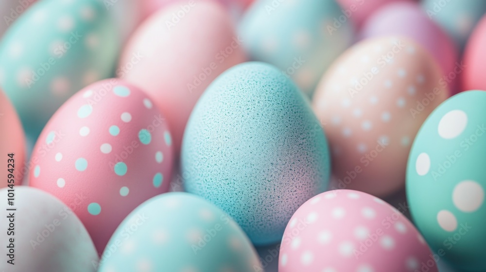 A collection of pastel-colored Easter eggs with polka dots, symbolizing spring festivities. A collection of pastel-colored Easter eggs with polka dots, symbolizing spring festivities.
