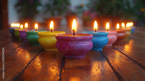 A colorful arrangement of diyas, beautifully lit for a festive Diwali celebration, symbolizing warmth and joy. photo