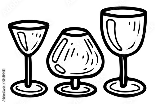 Wine glass set hand drawn doodle. Glass glass for champagne, martini, cognac. Drinkware alcoholic cocktails. Festive tableware. Kitchenware. Dining table setting. Vector sketch line art illustration.