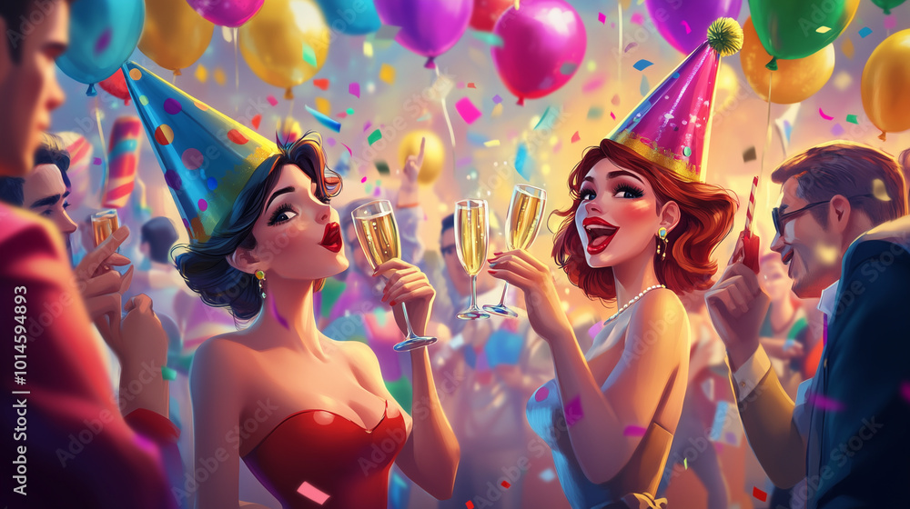 Obraz premium A lively New Year's party with people wearing party hats, blowing noisemakers, and holding champagne glasses, with colorful balloons and decorations in the background, American cartoon style