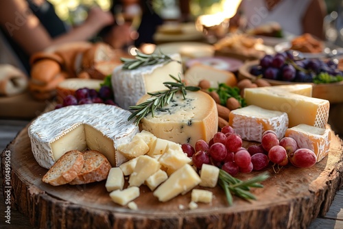 A rustic cheese board featuring brie, blue cheese, hard cheeses, grapes, sliced bread, and rosemary, arranged outdoors on a wooden board during a social gathering