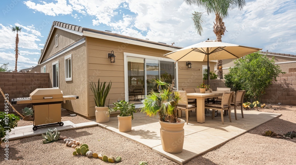 Beige house with sand vinyl siding, a desert-inspired patio with a tan dining table, khaki grill, cream umbrella, and beige potted plants Beige house with sand vinyl siding, a desert-inspired patio with a tan dining table, khaki grill, cream umbrella, and beige potted plants