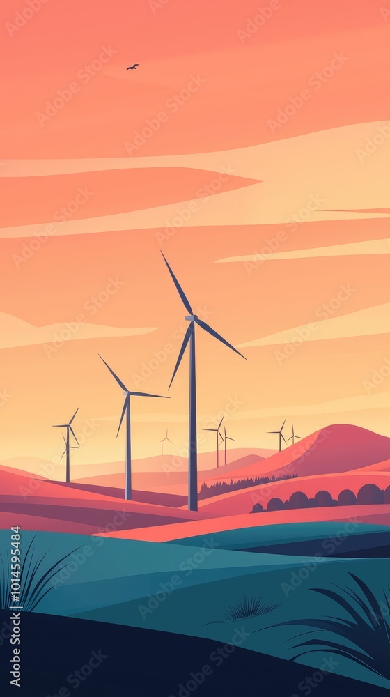Obraz premium A serene landscape featuring wind turbines against a vibrant sunset sky, symbolizing renewable energy and sustainability.