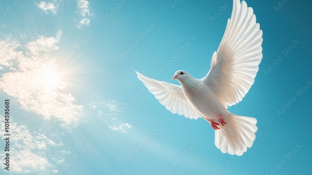 Obraz premium A white dove soaring against a bright blue sky, symbolizing peace and freedom.