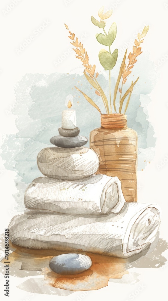 Peaceful spa treatment illustrated with soft and soothing watercolor tones. Peaceful spa treatment illustrated with soft and soothing watercolor tones.