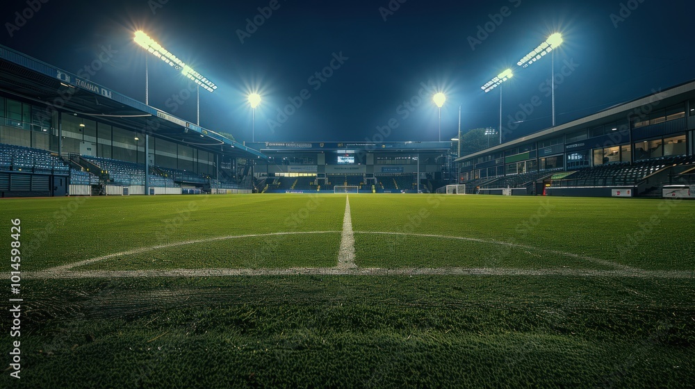 Empty Football Field Lit Up at Night Under Floodlights Empty Football Field Lit Up at Night Under Floodlights