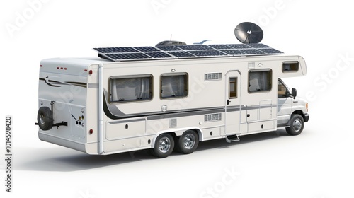 White motorhome with solar panels and satellite dish