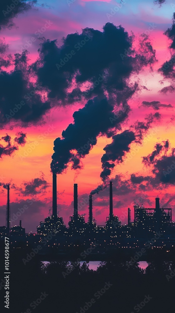 A stunning sunset casts vibrant colors over an industrial skyline, highlighting smoke stacks and dramatic clouds. A stunning sunset casts vibrant colors over an industrial skyline, highlighting smoke stacks and dramatic clouds.