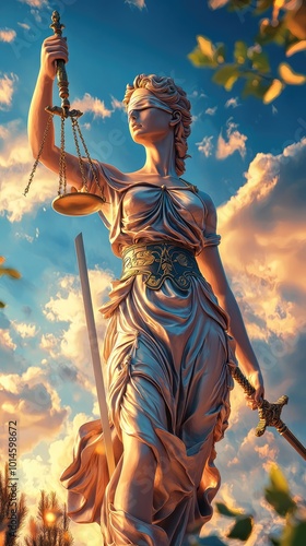 A stunning statue of Lady Justice holding scales and a sword, representing fairness and law against a dramatic sunset backdrop.