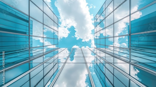 A stunning view of modern skyscrapers reflects the blue sky and clouds, showcasing contemporary architecture and urban beauty.