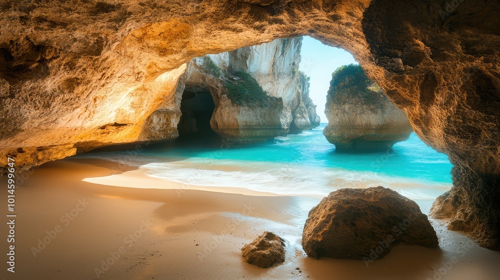 A tranquil cave offering stunning views of turquoise water, golden sand, and majestic rock formations. Perfect for serenity and relaxation. A tranquil cave offering stunning views of turquoise water, golden sand, and majestic rock formations. Perfect for serenity and relaxation.