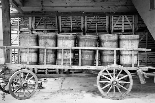 Obraz na płótnie old transport carriage with wooden wine barrels in Alsace w salonie