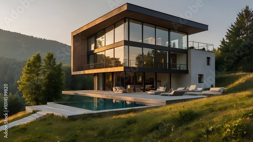 Luxurious modern house in the mountains at sunset, with warm hues over sleek architecture and landscape