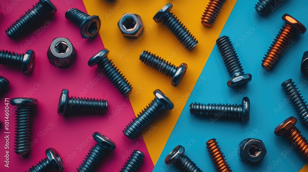 A vibrant arrangement of various screws and nuts on colorful backgrounds, perfect for industrial or DIY themes. A vibrant arrangement of various screws and nuts on colorful backgrounds, perfect for industrial or DIY themes.