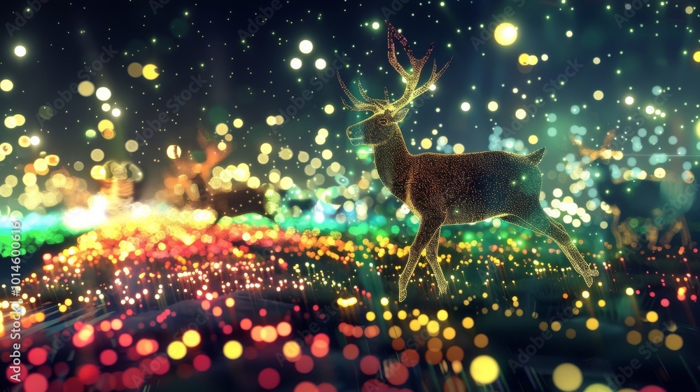A mesmerizing night scene featuring a glowing deer surrounded by vibrant, colorful bokeh lights, creating a magical and enchanting atmosphere. A mesmerizing night scene featuring a glowing deer surrounded by vibrant, colorful bokeh lights, creating a magical and enchanting atmosphere.