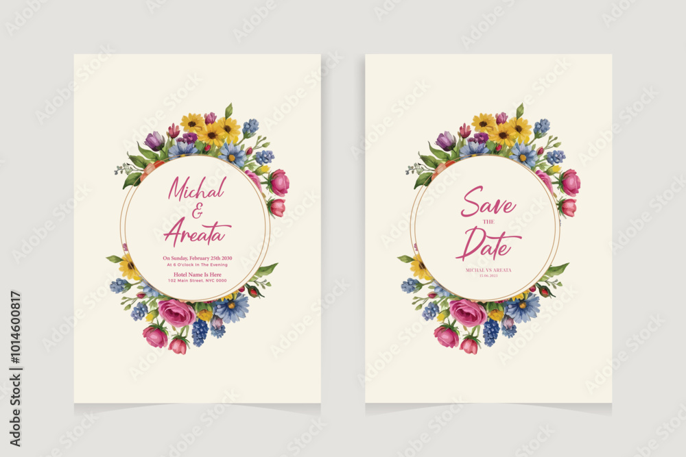 Golden greenery wedding invitation template set with leaves, glitter, frame, and border. Floral decoration vector for save the date, greeting, thank you, rsvp, etc
Golden greenery wedding invitation template set with leaves, glitter, frame, and border. Floral decoration vector for save the date, greeting, thank you, rsvp, etc