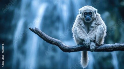 A serene photograph of a gibbon perched on a branch with a background of cascading waterfalls, highlighting its natural habitat in a beautiful setting photo