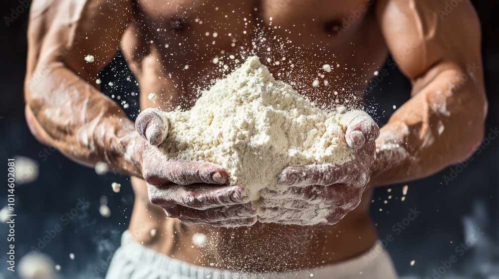 Fototapeta premium Muscular man holds in his hands sports supplements used for bodybuilding, such as BCAA, protein, creatine or glutamine powder.