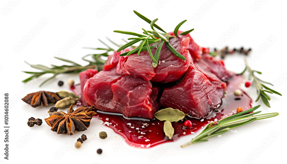 Piece of raw beef meat and spices isolated on white Piece of raw beef meat and spices isolated on white