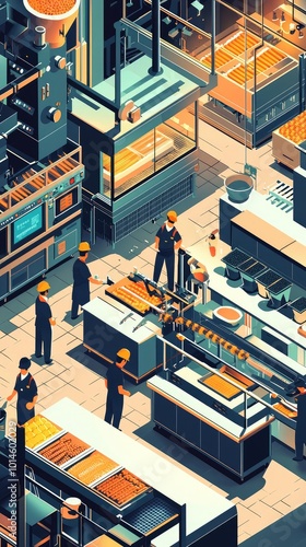 A vibrant illustration of a bustling kitchen with chefs preparing delicious meals and an array of cooking equipment.