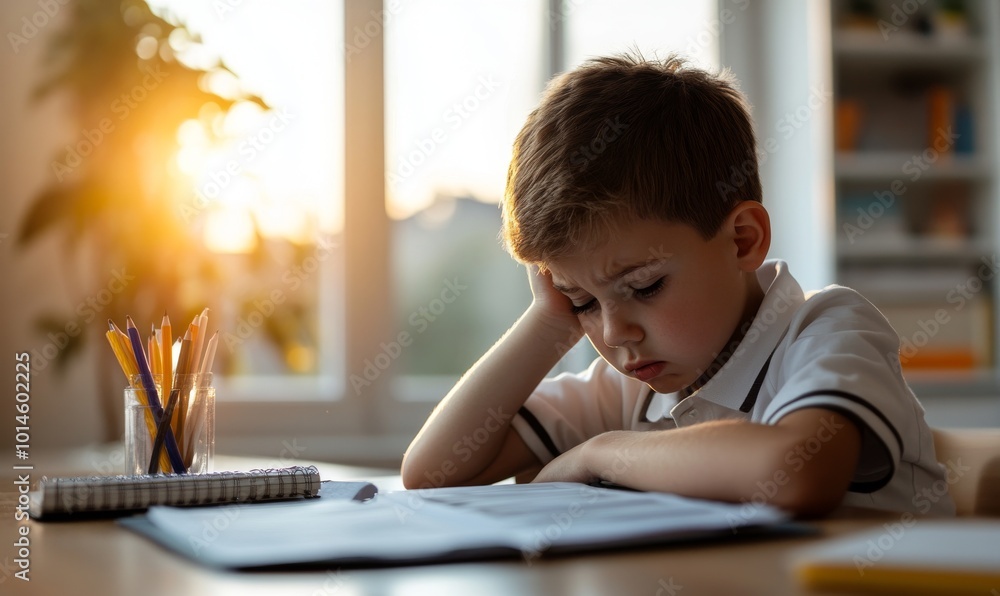 Young boy looks overwhelmed while studying in a classroom, surrounded by books on a wooden desk during the day. Young boy looks overwhelmed while studying in a classroom, surrounded by books on a wooden desk during the day.