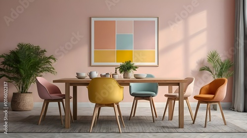 An elegant composition of a dining room with a light wood table, colorful chairs, and a backdrop of soft pastel walls. Modern decor items and a mock-up poster frame offer a fresh perspective. Template