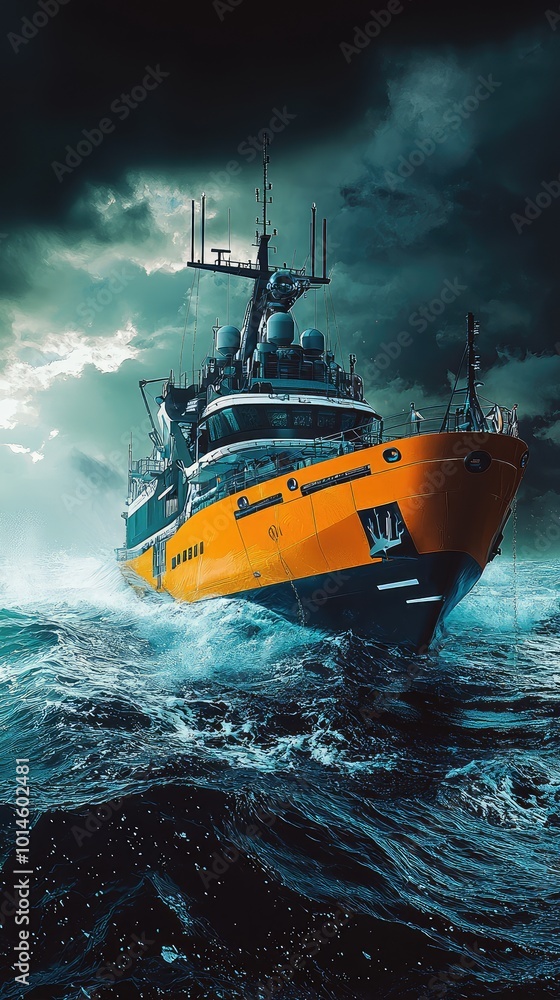 A vibrant orange ship navigating through turbulent waters under a stormy sky, showcasing strength and resilience in maritime adventure. A vibrant orange ship navigating through turbulent waters under a stormy sky, showcasing strength and resilience in maritime adventure.