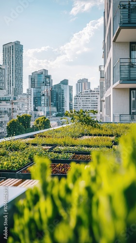 A vibrant rooftop garden showcasing lush greenery against a backdrop of modern city buildings under a bright blue sky. photo